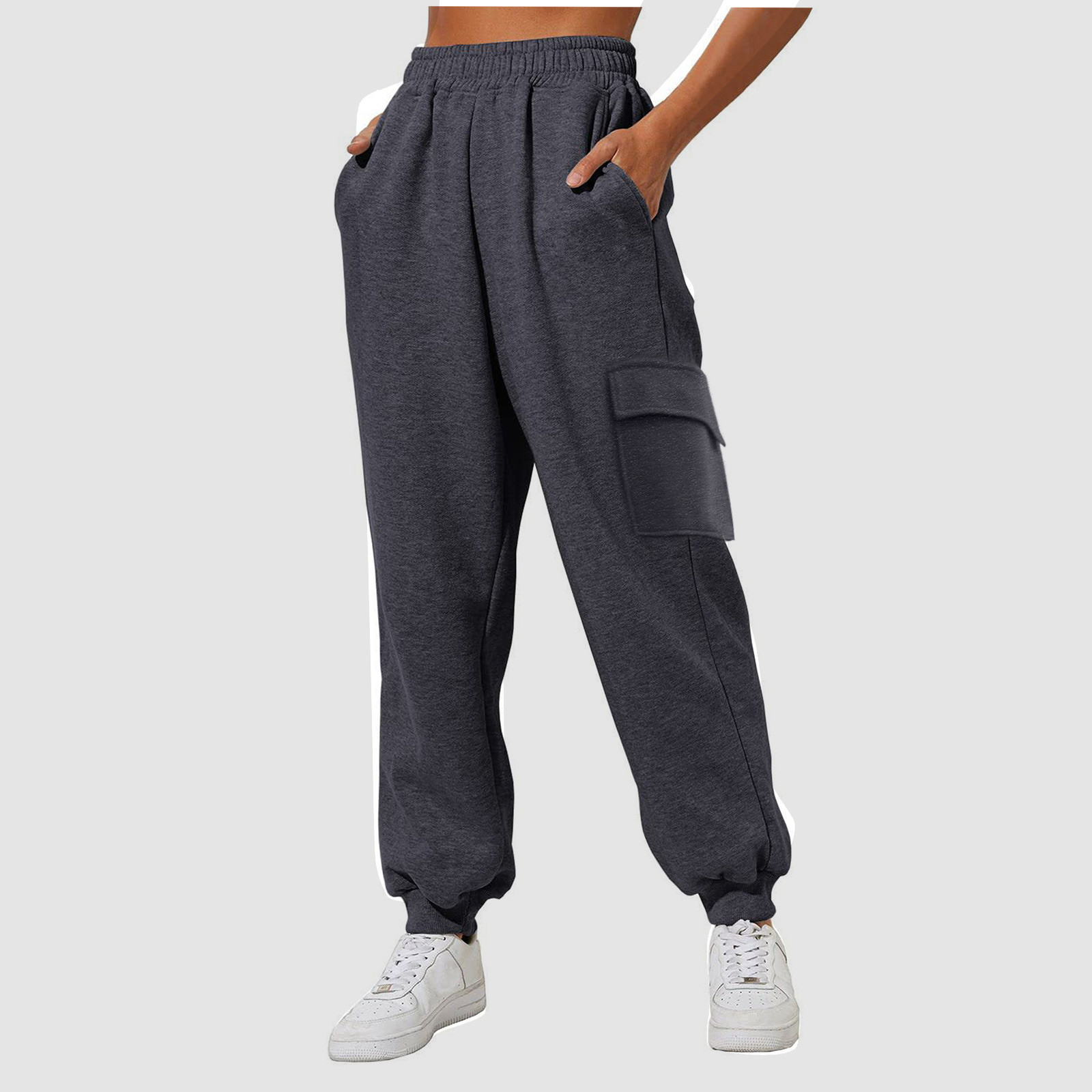 thumbnail image 2 of Pantalones de yoga de cintura alta para mujer: forrados de felpa, cintura elástica, bolsillos laterales, poliéster, pantalones de chándal para hacer ejercicio., 2 of 4